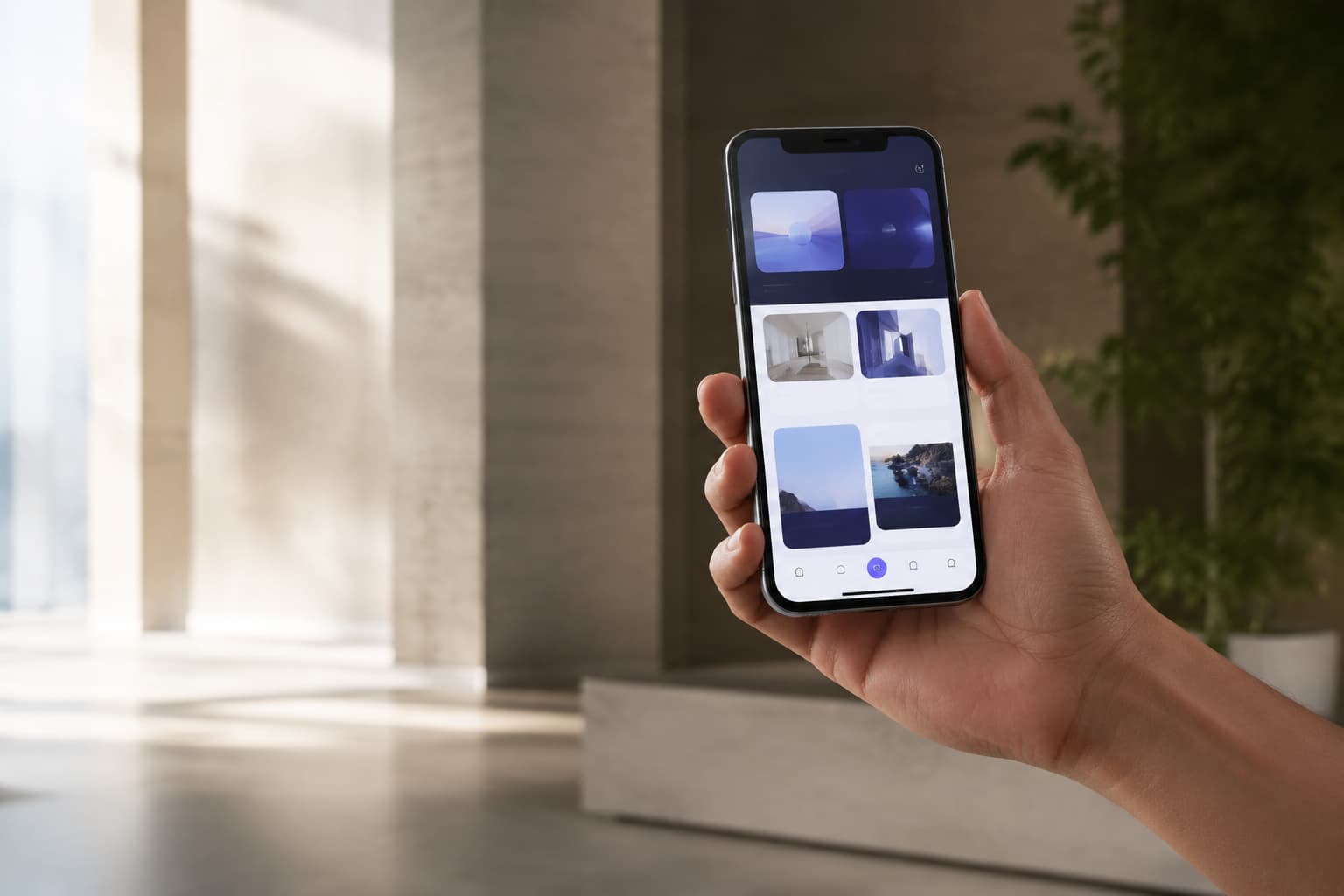 A mobile product interface being used in a calm architectural space
